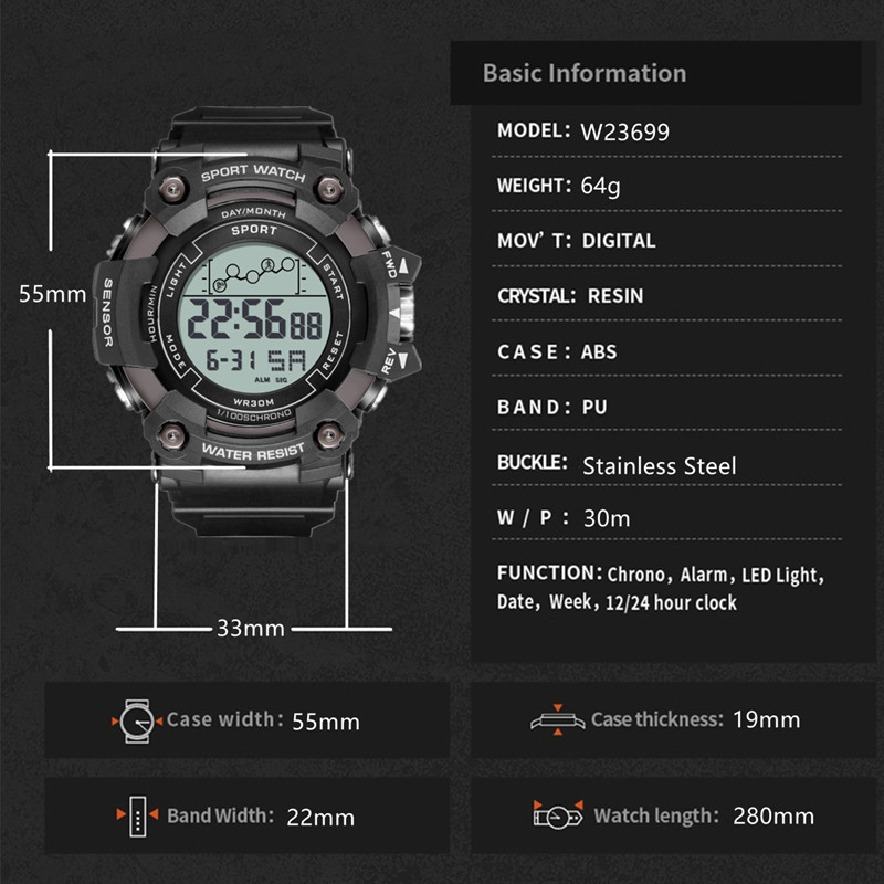 Reloj digital LED multifuncional de moda para hombres deportes al aire libre reloj impermeable tendencia pantalla única reloj electrónico luminoso