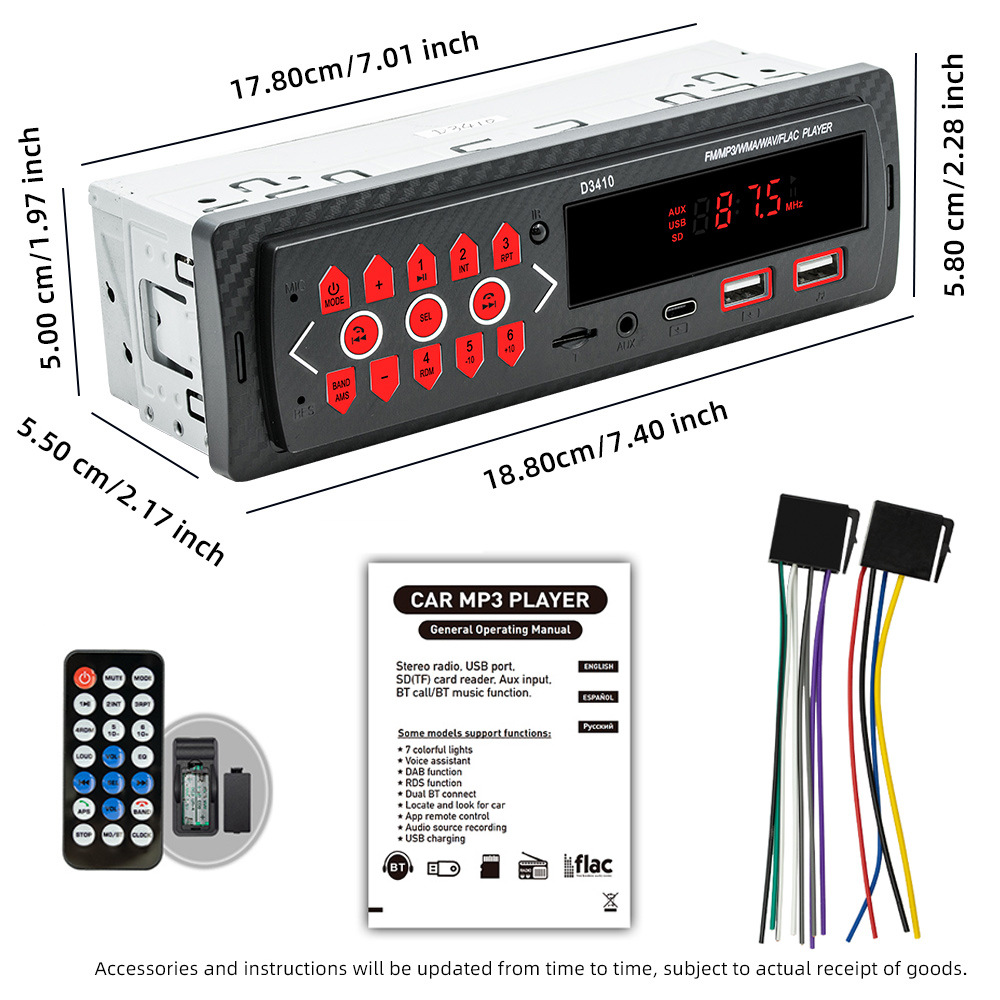 D3410 Red Light Short Model Single Spindle Dual USB Car Bluetooth Mp3 Player Fm Radio 12V Dropshipping