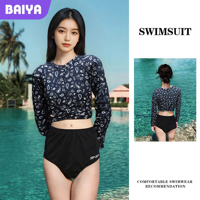 Traje de baño para mujer 2025 nuevo conjunto dividido de protección solar de manga larga de dos piezas estampado conservador vacaciones junto al mar traje de baño de aguas termales al por mayor