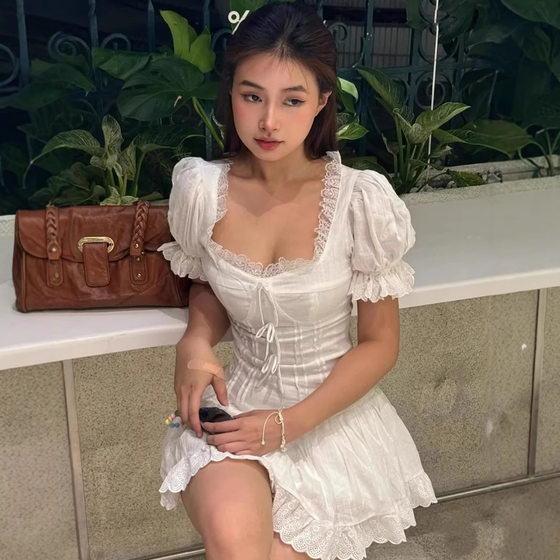 French Style Lace Bow dress Women's Summer New Elegant Sweet Square Collar Waist Puff Sleeve Skirt