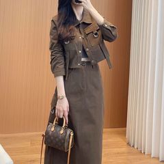 咖啡色工装套装女2025年秋季新款女装早秋短外套+半身裙两件套女