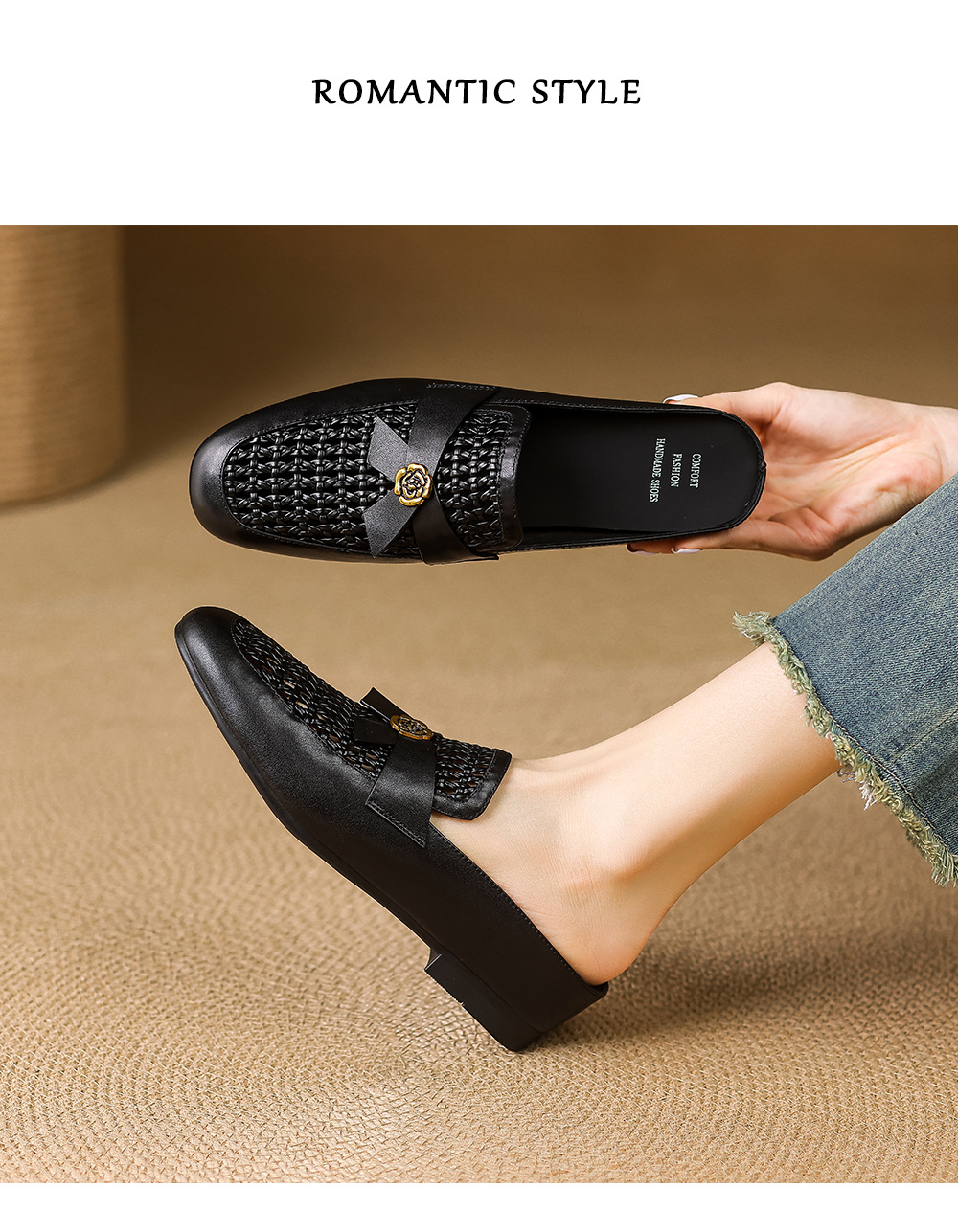 Dép sandal nữ bít mũi đế bằng họa tiết hoa sơn trà phong cách Anh — đen chi tiết 14