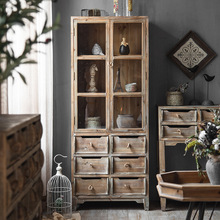 美式乡村复古实木玻璃展示柜客厅餐边柜落地储物高柜民宿做旧侘寂