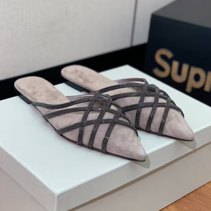 2024 European and American Bc Closed-Toe Mules Suede Beaded Cross Strap Pointed Fashion Versatile Women's Mules Shoes 2024 European and American Bc Closed-Toe Mules Suede Beaded Cross Strap Pointed Fashion Versatile Women's Mules Shoes