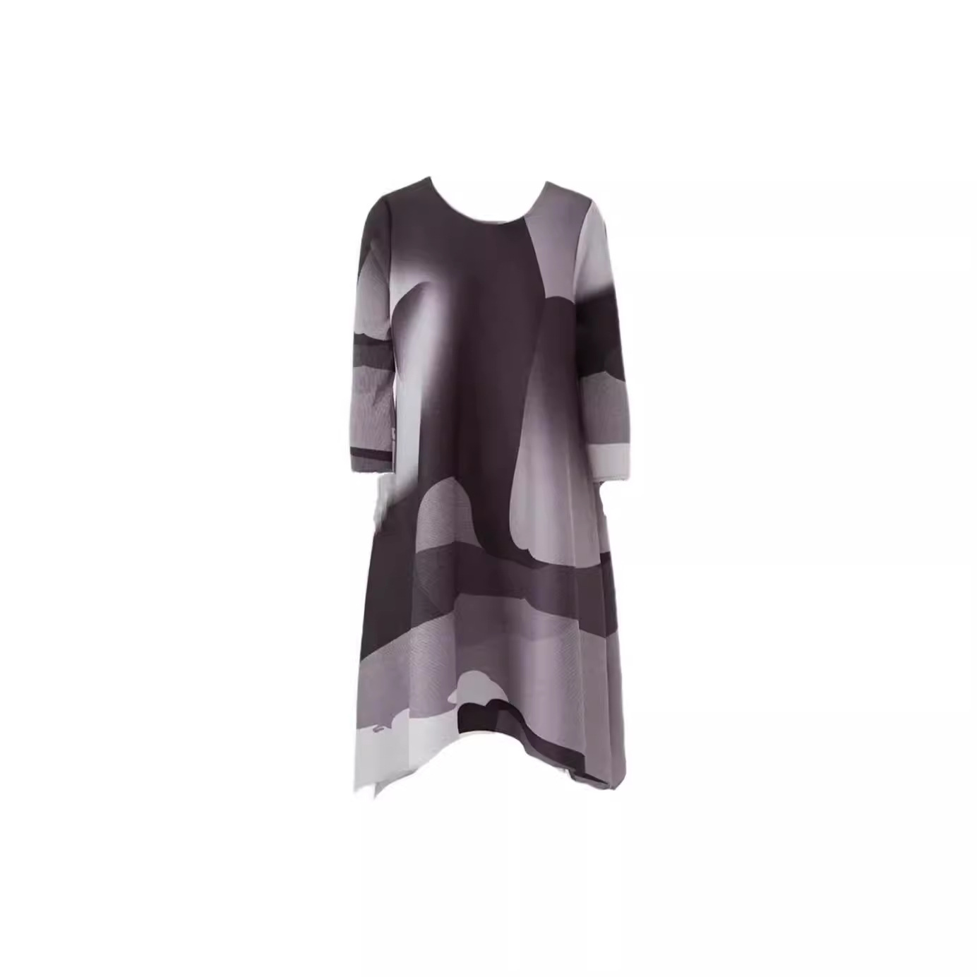 Roupas femininas vestido solto com decote redondo plissado e manga comprida estampado_voghion.com