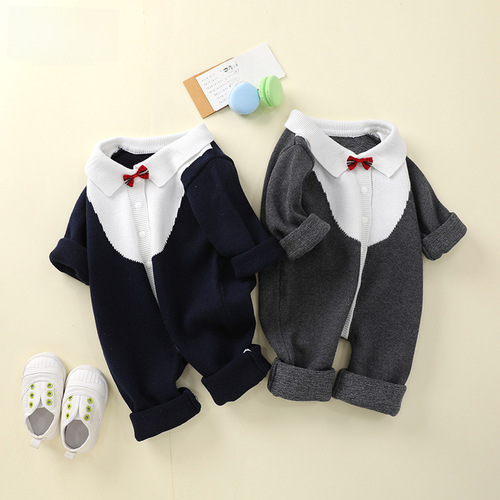 Infant Wool Sweater Autumn/Winter Baby Knitted Climbing Suit Children's Clothing Gentleman's Tie Sweater Knitted Onesie