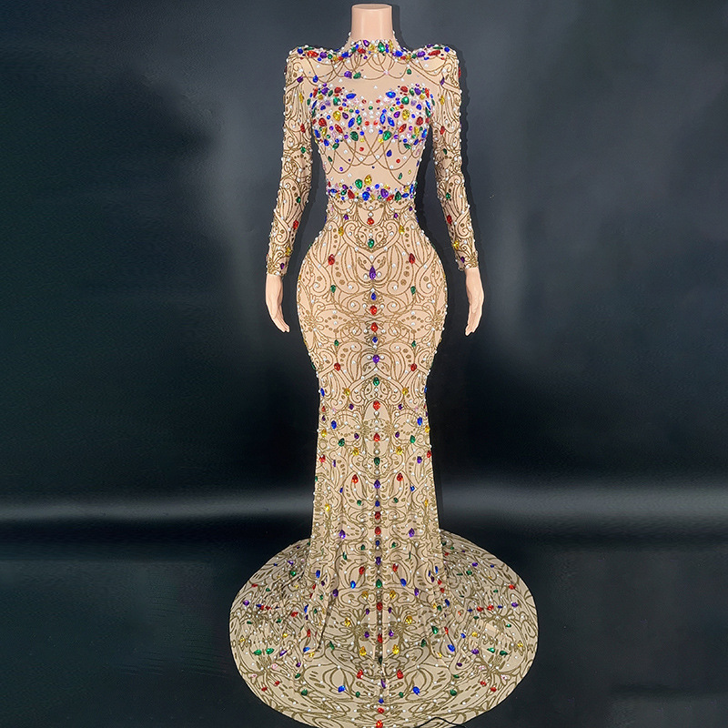 Birthday Clothing Diamond Performance Clothing New Style 2024 Lace Wedding Dress Colorful Crystal Long-Sleeved Wedding Dress for Women