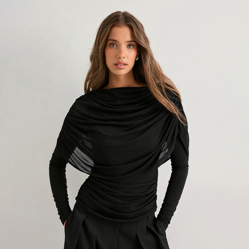 J26Tp310 Cross-Border Fashion New Style Long-Sleeve French-Style Draped Collar Pleated Design Slim-Fit Shawl Top J26Tp310 Cross-Border Fashion New Style Long-Sleeve French-Style Draped Collar Pleated Design Slim-Fit Shawl Top