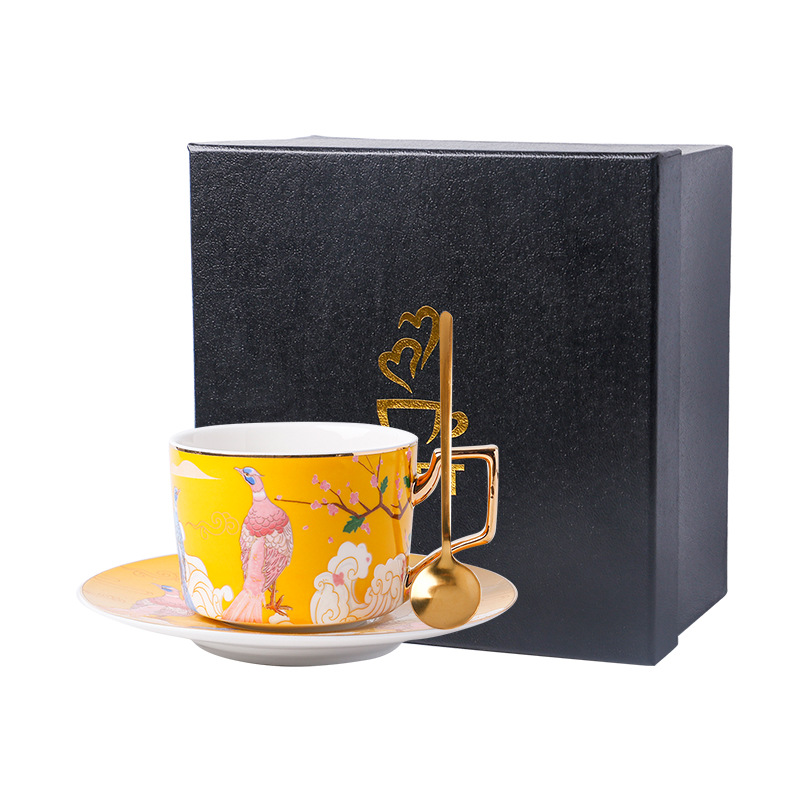 Caja de regalo-amarillo-taza de pavo real y cuchara platillo