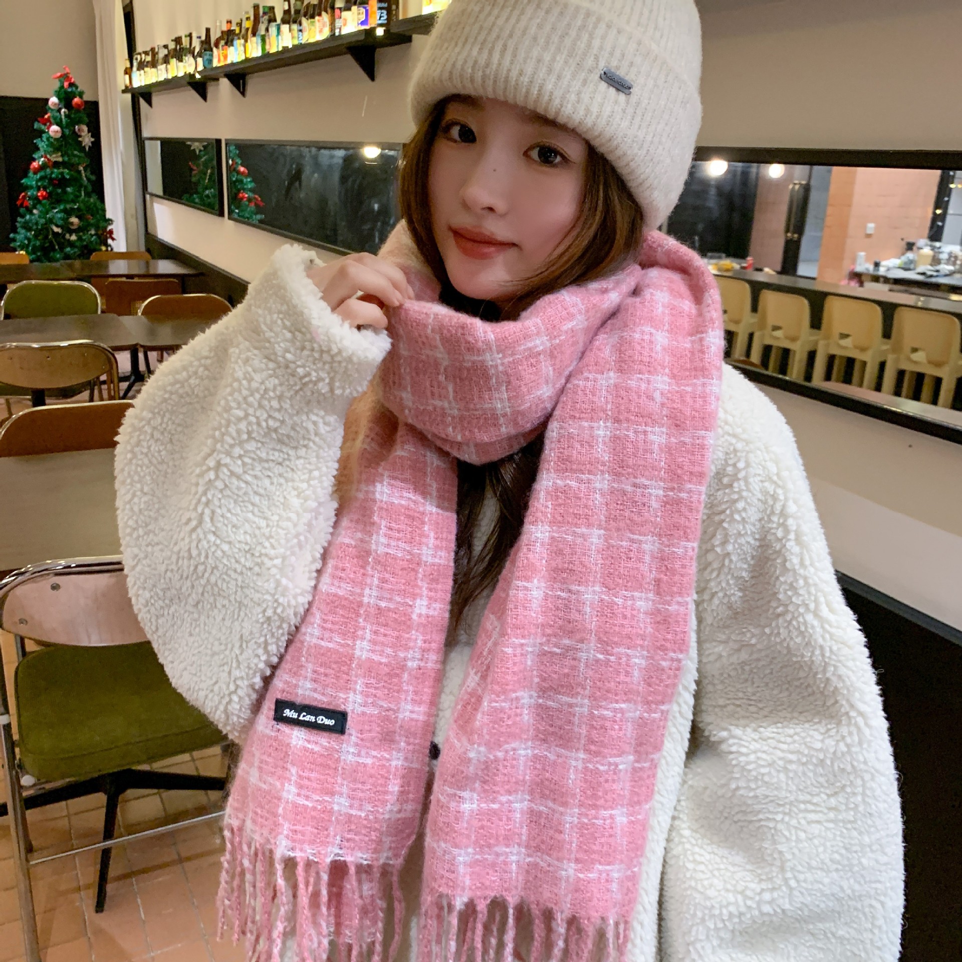 Estilo coreano estilo Chanel larga borla bufanda de las mujeres verde retro Plaid atmósfera invierno versátil estudiante pareja chal