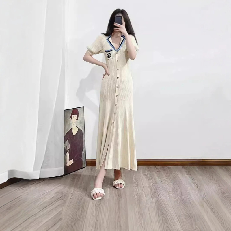 S026 Cross-Border Polo Collar Elegant Knitted Flared Dress Spring/Summer New Short Sleeve Turn-Down Collar Colorful Embroidered Long Dress S026 Cross-Border Polo Collar Elegant Knitted Flared Dress Spring/Summer New Short Sleeve Turn-Down Collar Colorful Embroidered Long Dress