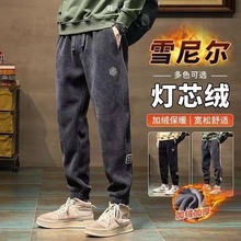 跨境冬季灯芯绒休闲裤子男款宽松束脚运动加绒加厚潮牌哈伦卫裤男