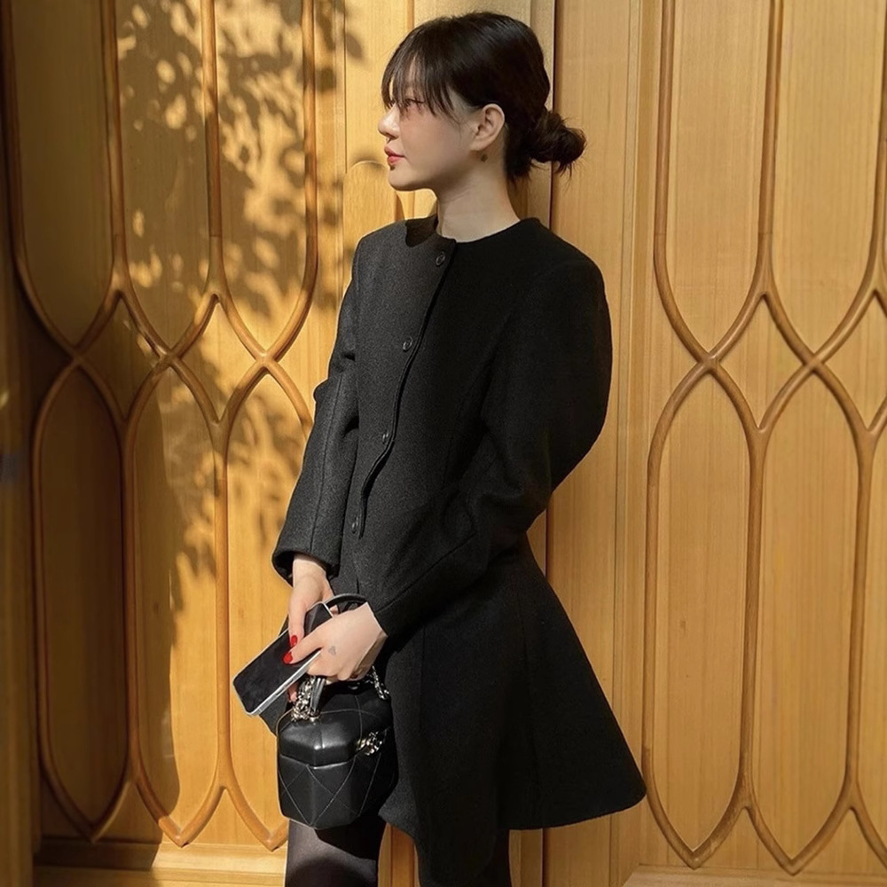 재고 있음 블랙 울 코트 여성용 2025 봄 한국 스타일 동대문 캐주얼 울 코트 프렉*e