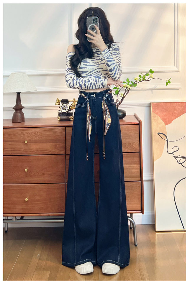 Quần jean nữ ống loe cạp cao co giãn, denim lót lông cừu mùa đông — Màu xanh vàng đen kéo dài, Quần xanh đen vàng, Retro màu xanh chín điểm, Vàng đen xanh chín điểm chi tiết 11