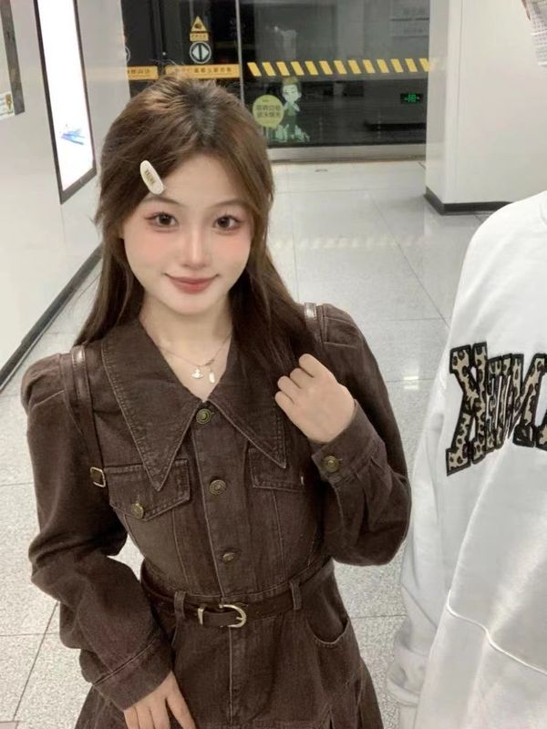 辣妹美拉德穿搭复古长袖牛仔连衣裙女秋季收腰显瘦百褶裙字短裙|undefined