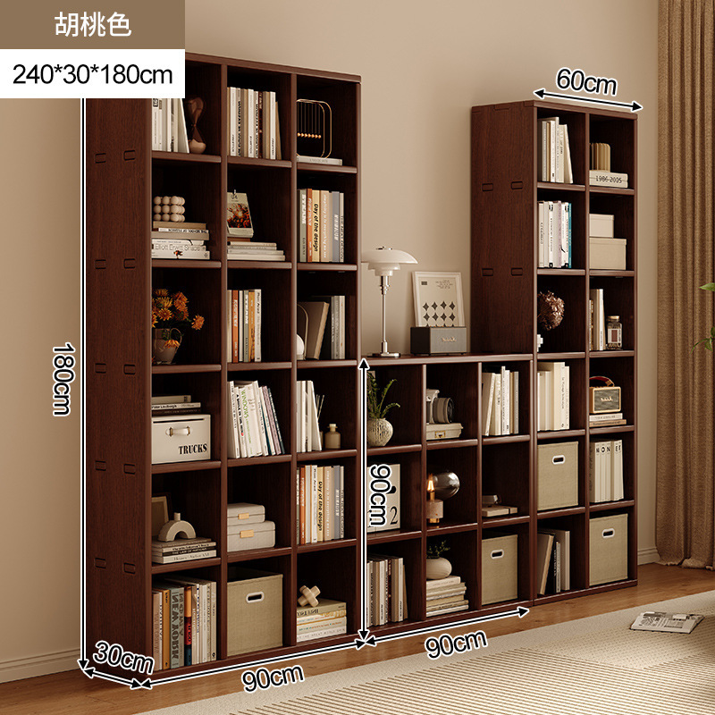 Estantería de madera maciza, estantería de pared completa, todo en la parte superior, sala de estar, color nogal, pared completa, vitrina para el hogar