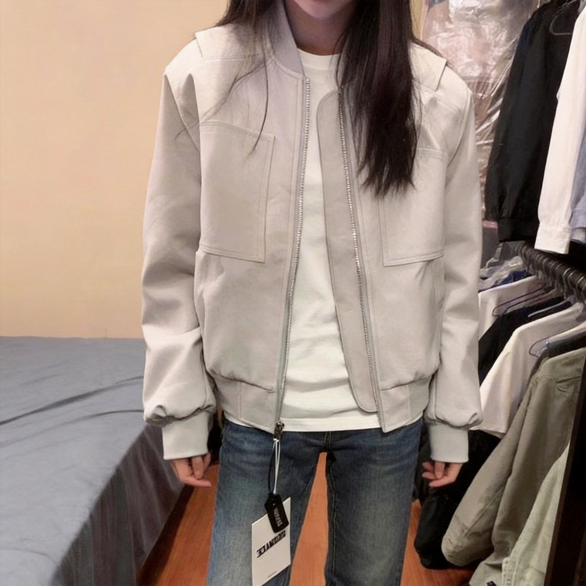 美式cleanfit灰色外套男春秋季时尚飞行员夹克短款重磅工装棒球服