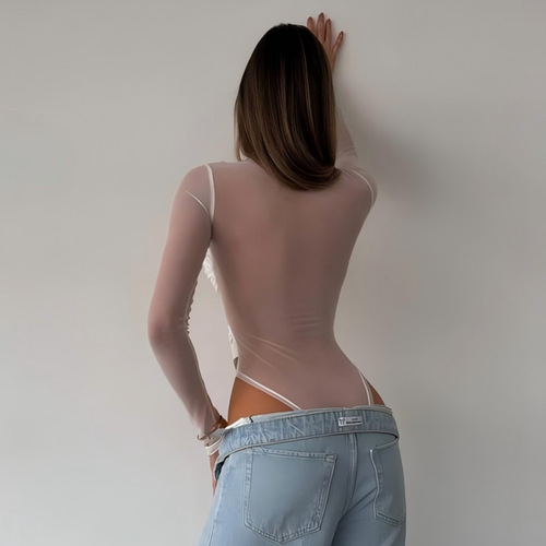 D521BS European and American cross-border hot girl sexy perspective mesh figure-fitting solid color bandage-style design jumpsuit