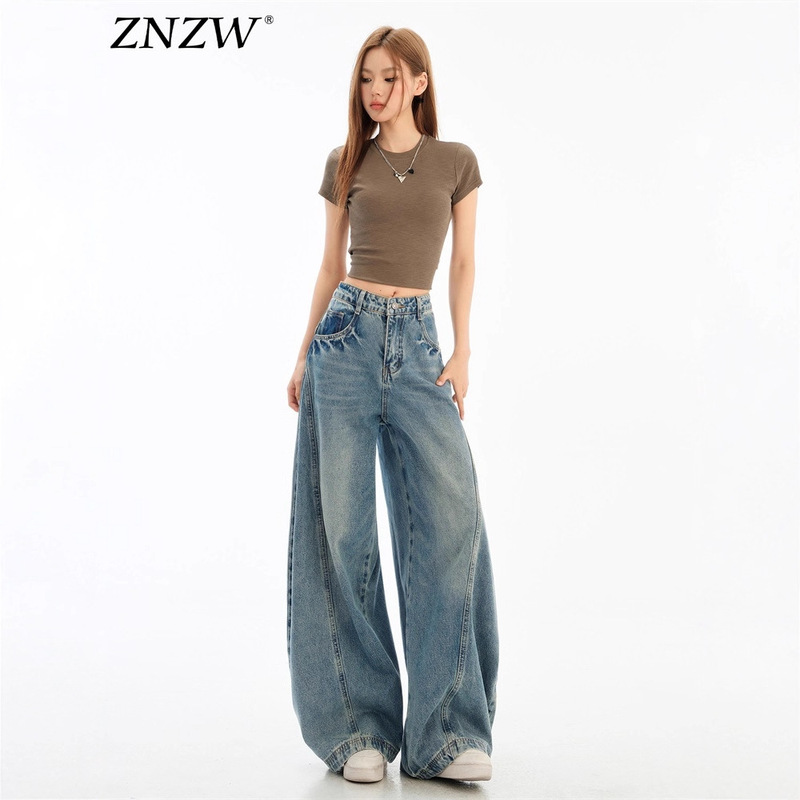 Sickle Wide-Leg Jeans for Women 2025 Autum New Style Washed and Distressed American Loose Sickle Pants for Small Women