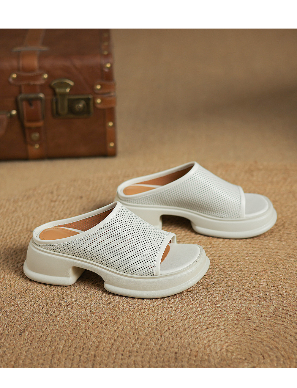 Dép sandal nữ quai ngang đế xuồng da bò, gót cao khoét lỗ — đen chi tiết 14