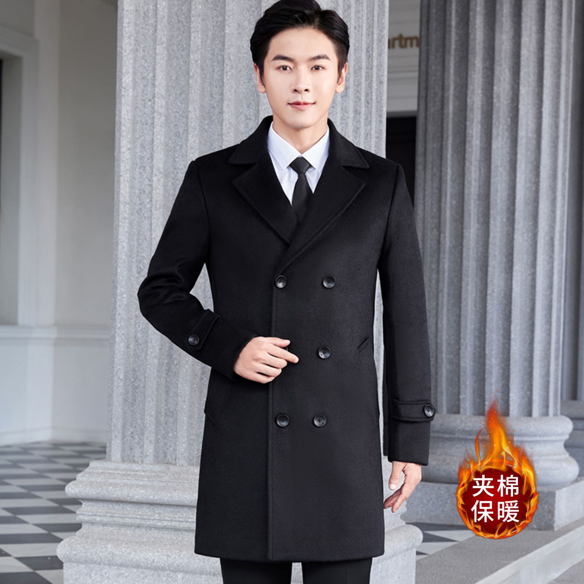 남성용 더블 브레스티드 코트 블랙