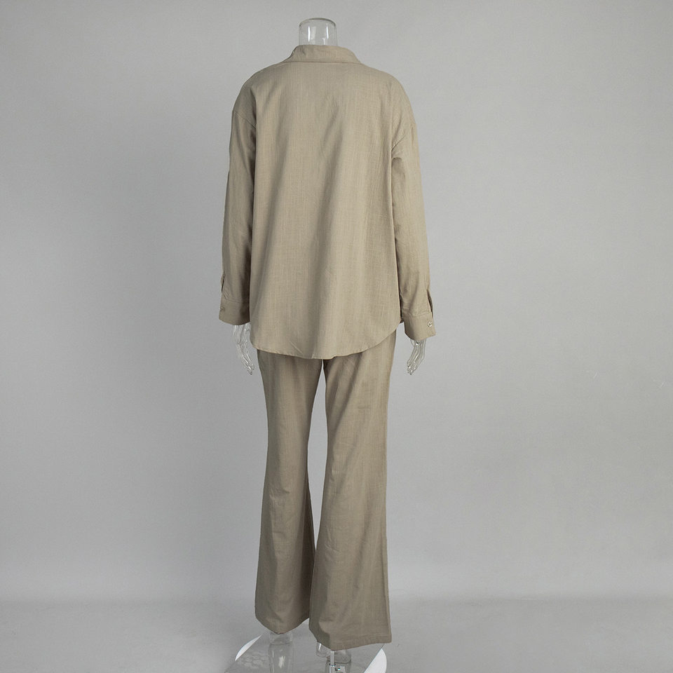 Bộ sơ mi dài tay cổ bẻ phối quần ống rộng dáng suông chất cotton — Màu cà phê, Màu cà phê nhạt, Màu kaki, Màu mơ chi tiết 16