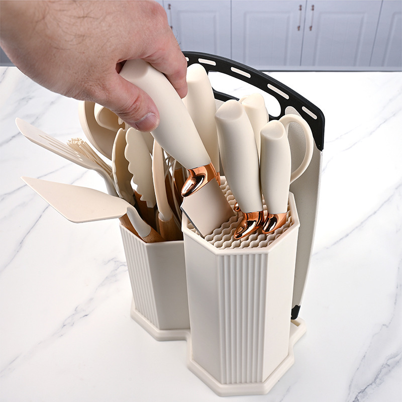 Juego de utensilios de cocina de silicona con mango de madera, 19 piezas, seguro para sartenes antiadherentes, set de herramientas de cocina