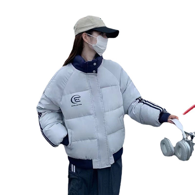 韩系潮牌侧边三杠条纹撞色立领棉衣棉服冬季新款保暖加厚棉袄上衣