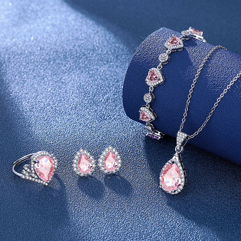 新款櫻花粉彩寶套裝粉紅鋯石女甜美時尚百搭項鍊戒指耳釘925銀套
