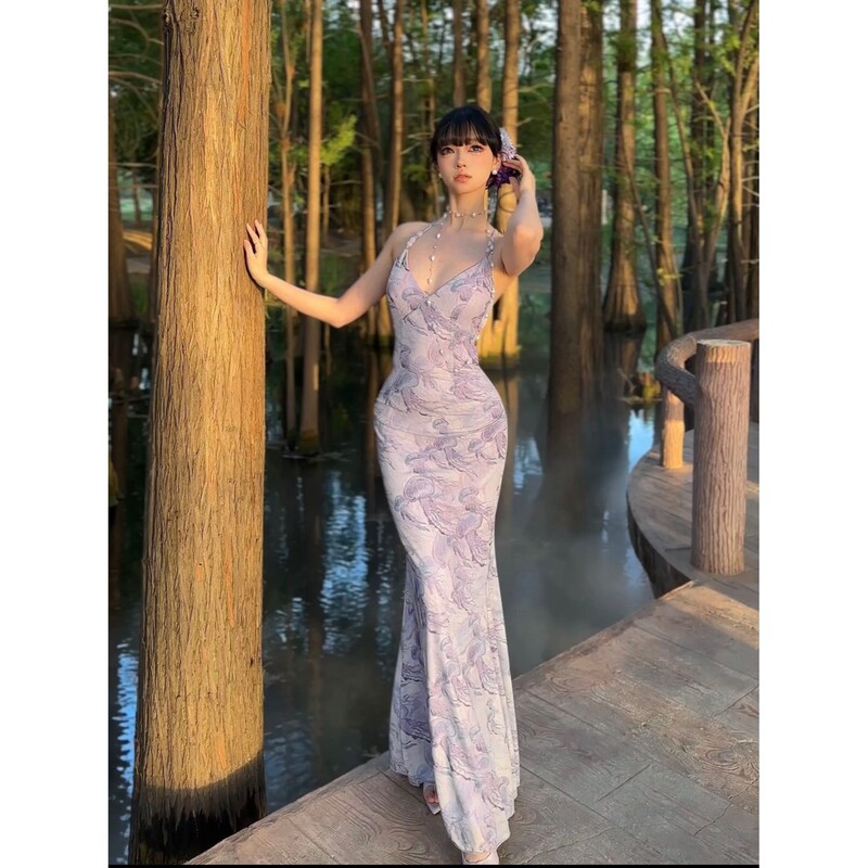 Sexy Pure Lust Atmosphere Backless Purple Dress Slim Fit Hip-Hugging Fishtail Skirt Holiday Style Long Skirt