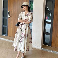フレンチな優しいスタイル！輸入ポプリンコットン素材Vネックレースアップウエスト水仙プリント気質ドレス