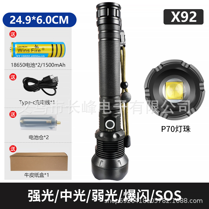 Linterna de luz fuerte transfronteriza P90, linterna recargable con zoom telescópico de aleación de aluminio, iluminación de largo alcance al aire libre, luz de pesca nocturna