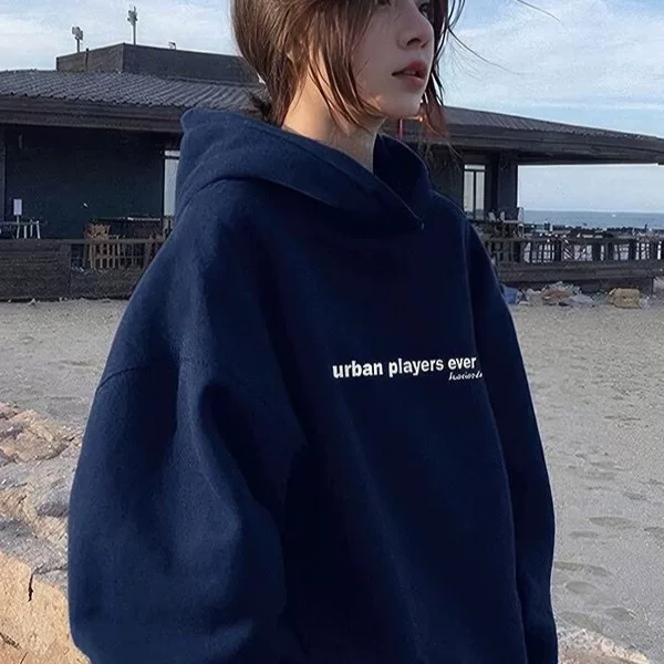Navy blue ins-style hooded sweatshirt, new popular loose-fitting jacket, winter fleece-lined thick top, available for purchase in single pieces