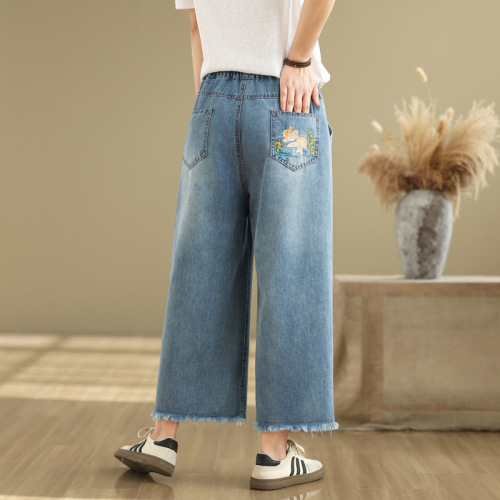 Korean-style wide-leg jeans for women, embroidered elastic waist straight-leg slimming loose pants for plus-size mm, trendy