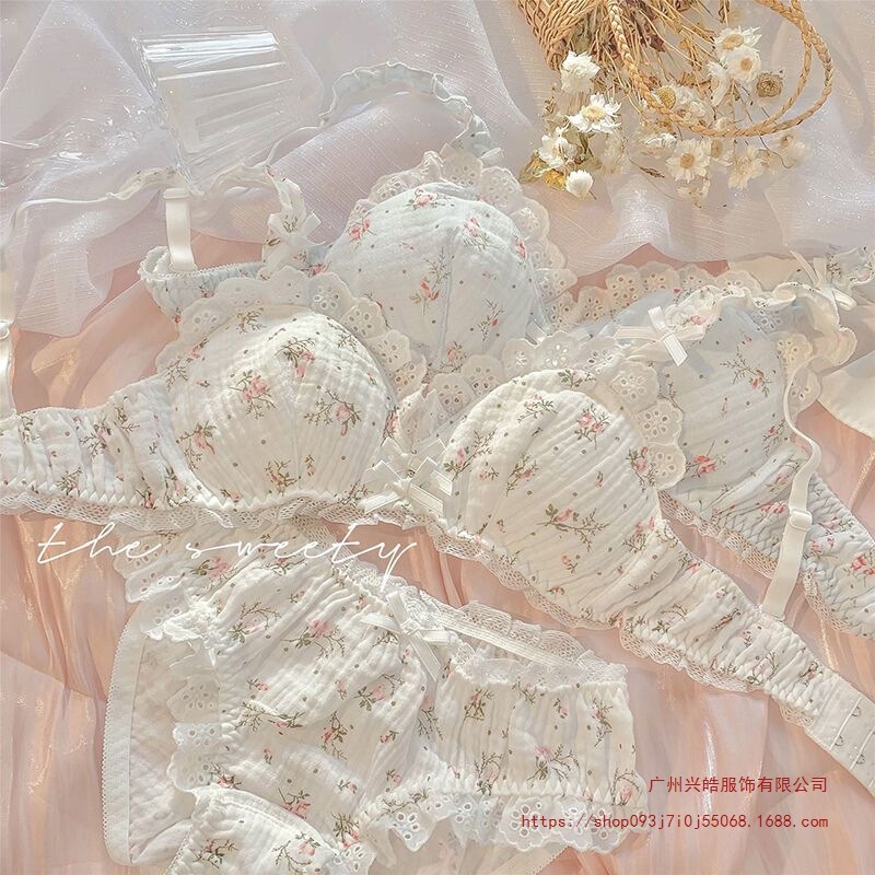 Sweet Girl's Favorite! Japanese-Style Floral Sweet Girl Lingerie, Summer Thin Breathable Small Chest Push-Up Bra Set Sweet Girl's Favorite! Japanese-Style Floral Sweet Girl Lingerie, Summer Thin Breathable Small Chest Push-Up Bra Set