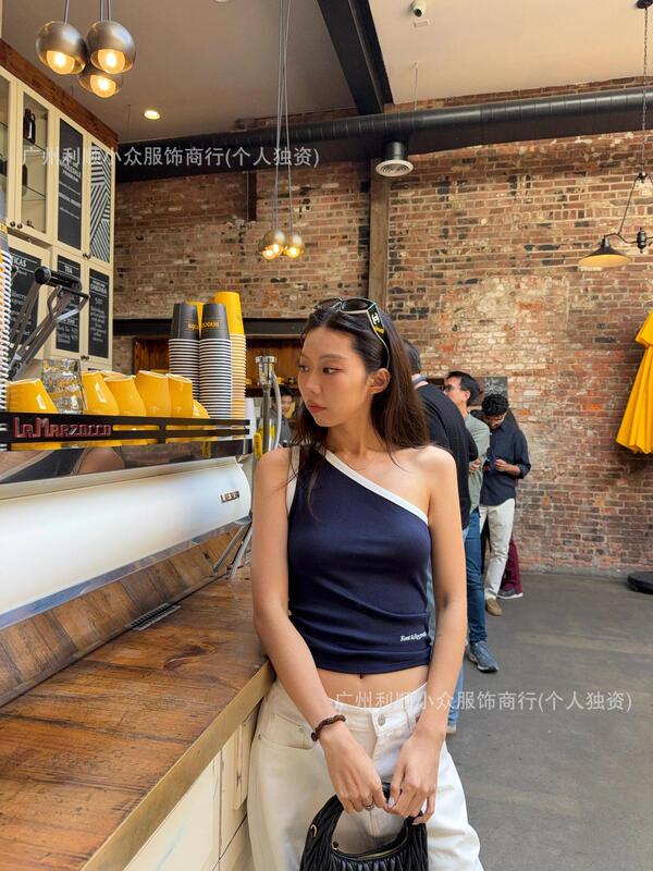 现货韩国 restandrecreation新款背心辣妹修身短款RR斜露肩吊带女|undefined