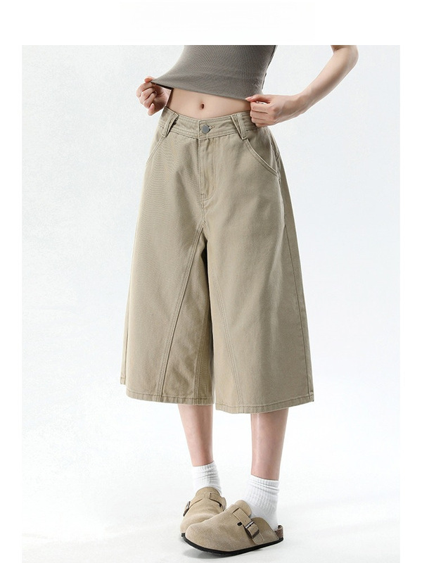 American Retro Khaki Wide-Leg Cropped Jeans for Women, New Summer Style, Patchwork Slimming Straight Pants American Retro Khaki Wide-Leg Cropped Jeans for Women, New Summer Style, Patchwork Slimming Straight Pants
