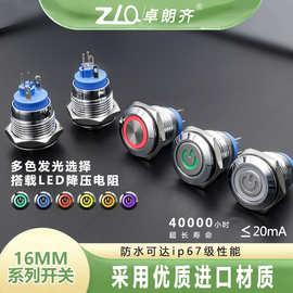 卓朗齐16mm E型 金属按钮开关无灯/带灯自锁/自复/防水IP67短款