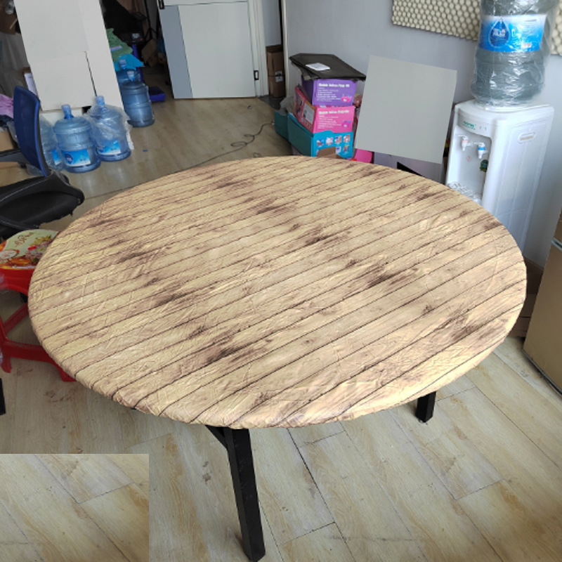 Mantel redondo de PVC transfronterizo impermeable y a prueba de aceite forrado de vellón grueso transparente impreso mantel de plástico banda elástica mantel de grano de madera