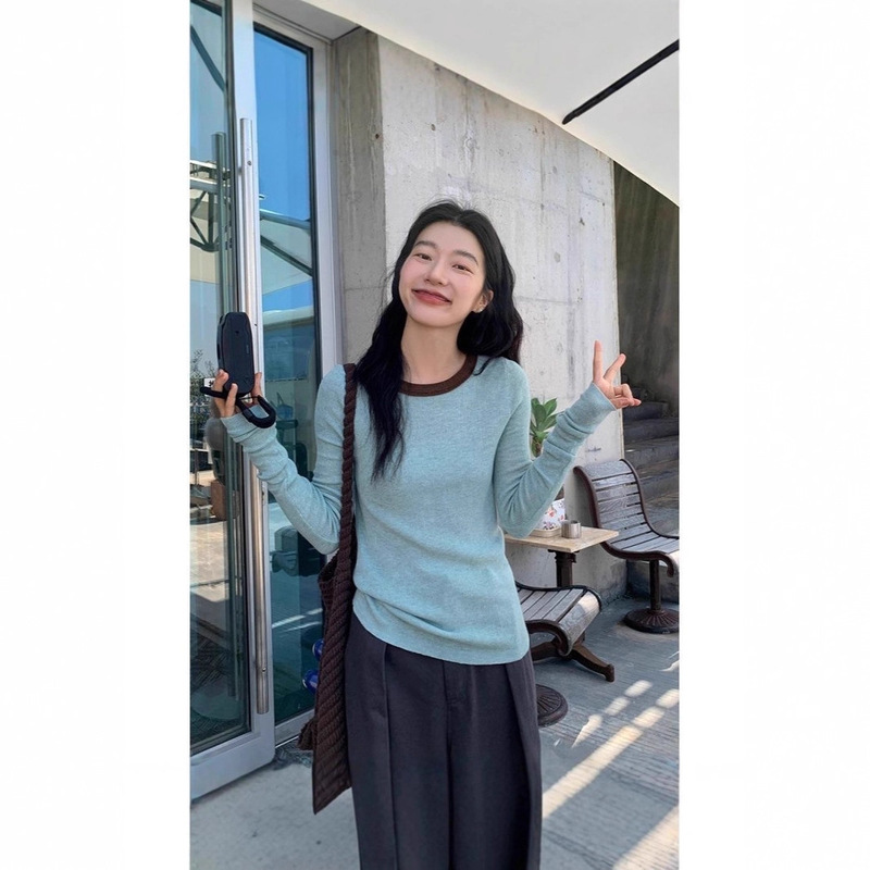 Dopamine Green Lazy Style Contrasting Color Round Neck Knitwear for Women in Autum Slimming Look Inner Layering Shirt Top