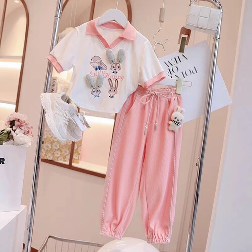 Girls' Summer 2024 New Arrival Children's Casual Two-Piece Set Short-Sleeve Athletic Pants Cartoon Skirt
