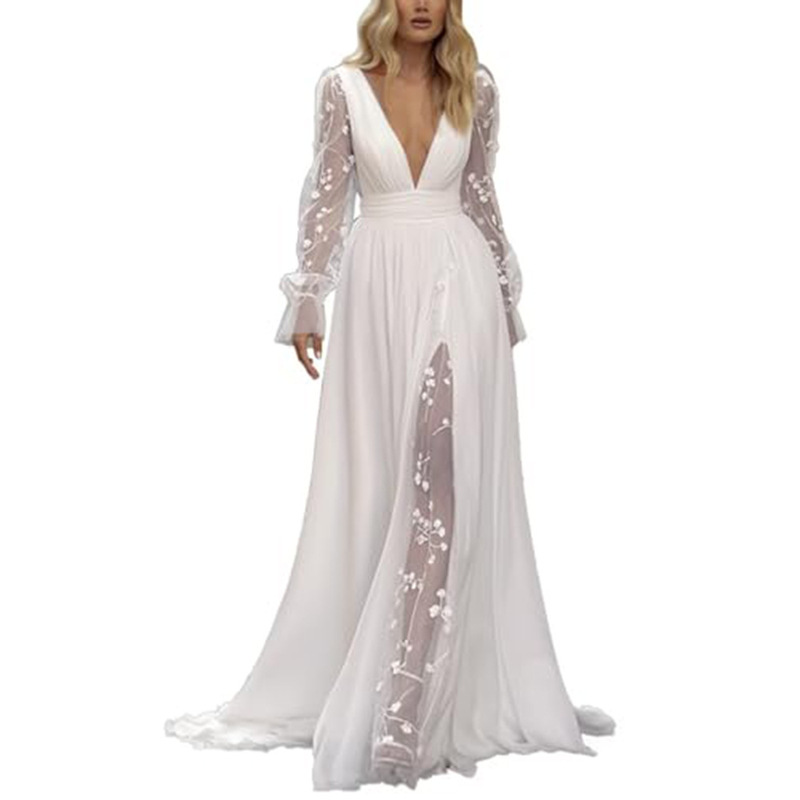 Foreign Trade Cross-Border Wedding Dress 2026 New Style Women's Dress Deep V-Neck Long-Sleeve Wedding Gown Long Dress Slim-Fit Wedding Dress