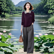 中老年妈妈早秋新款时尚洋气翻领针织衫高腰直筒休闲裤两件套女装