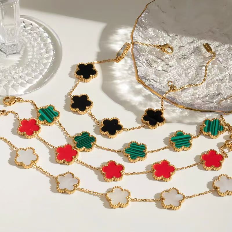 Cross-Border Hot-Selling Versatile Five-Leaf Clover Five-Color Titanium Steel Bracelet, Fashionable Commuter Light Luxury High-End Feel, Unisex Flower Chain