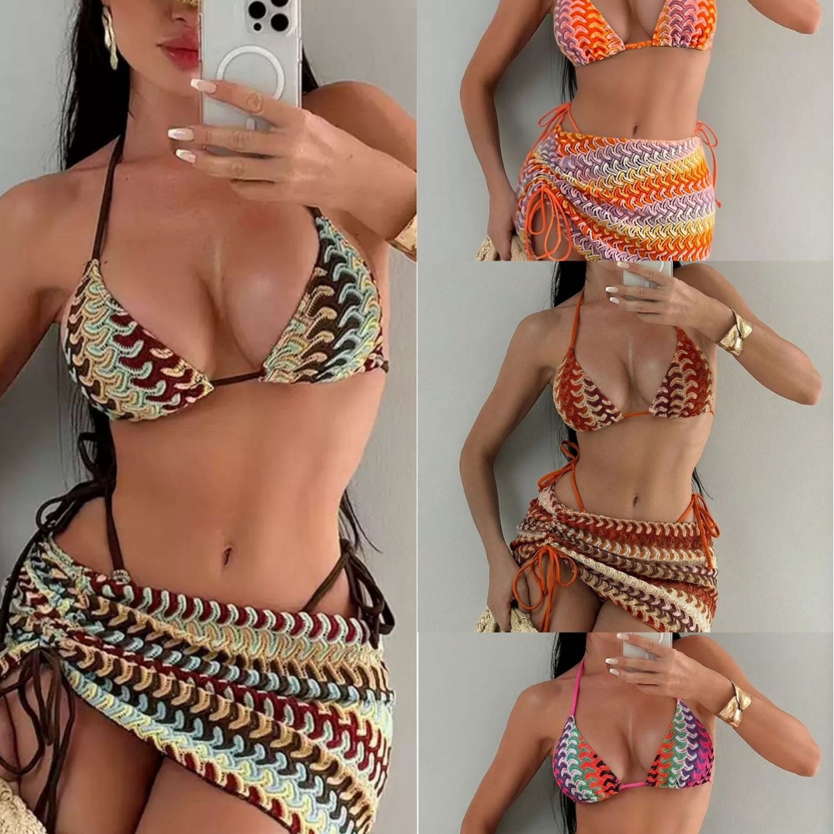 2026 New European and American Seaside Vacation Bikini Swimsuit Three-Piece Sexy Sexy Stripesd Strap Split Swimsuit