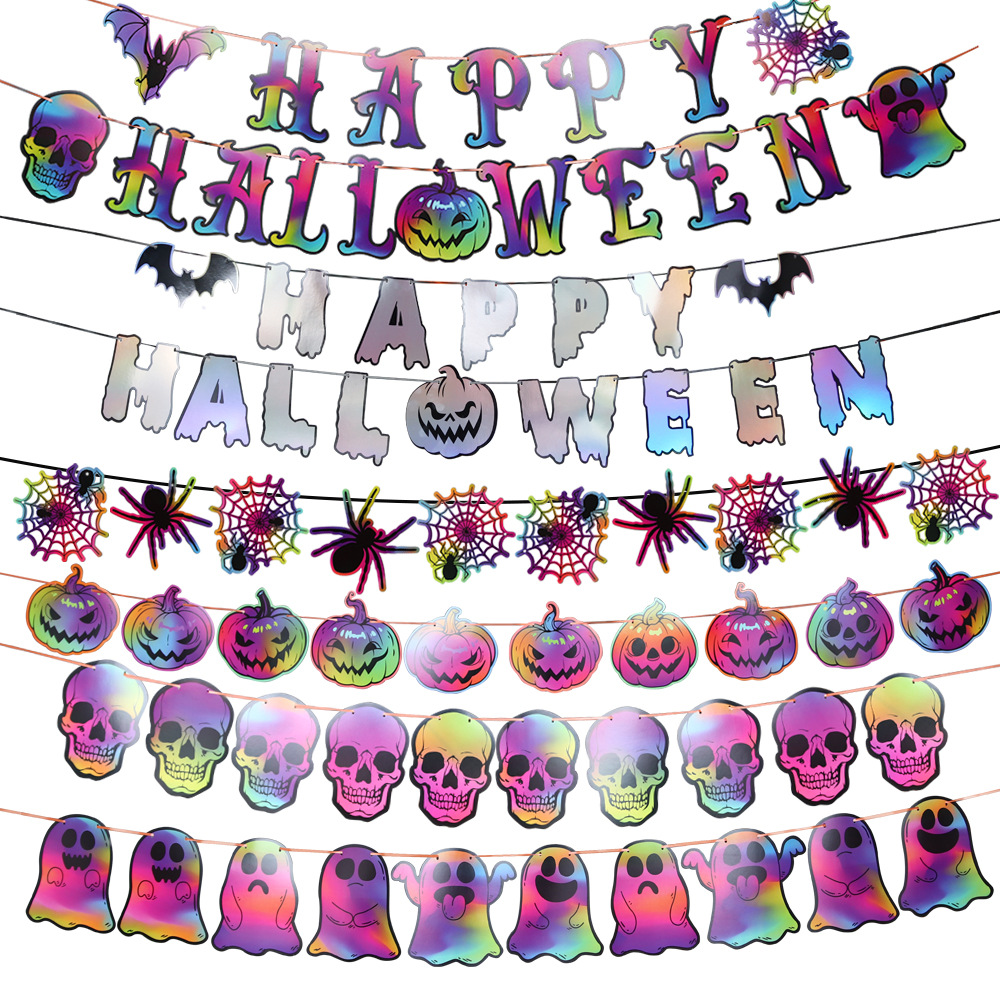 Colgante de bandera de halloween suministros de fiesta decoración de la escena esqueleto fantasma banderín calabaza papel guirnallado