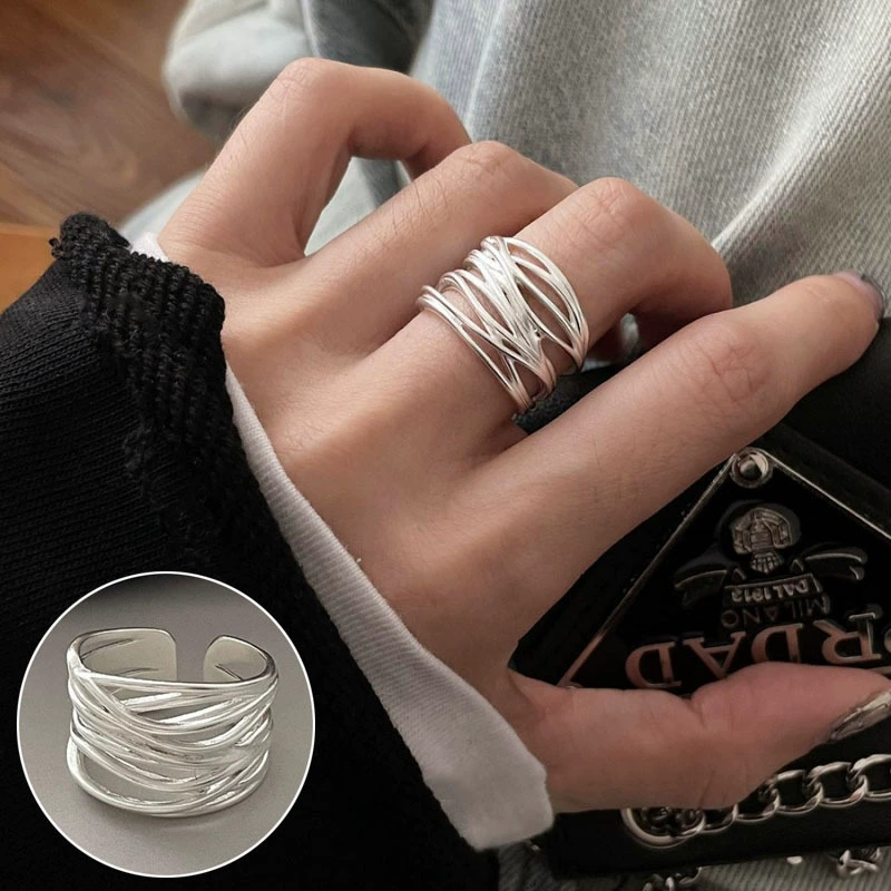retro fashionable geometric ring hip-hop style, silver 925 sample, on index finger