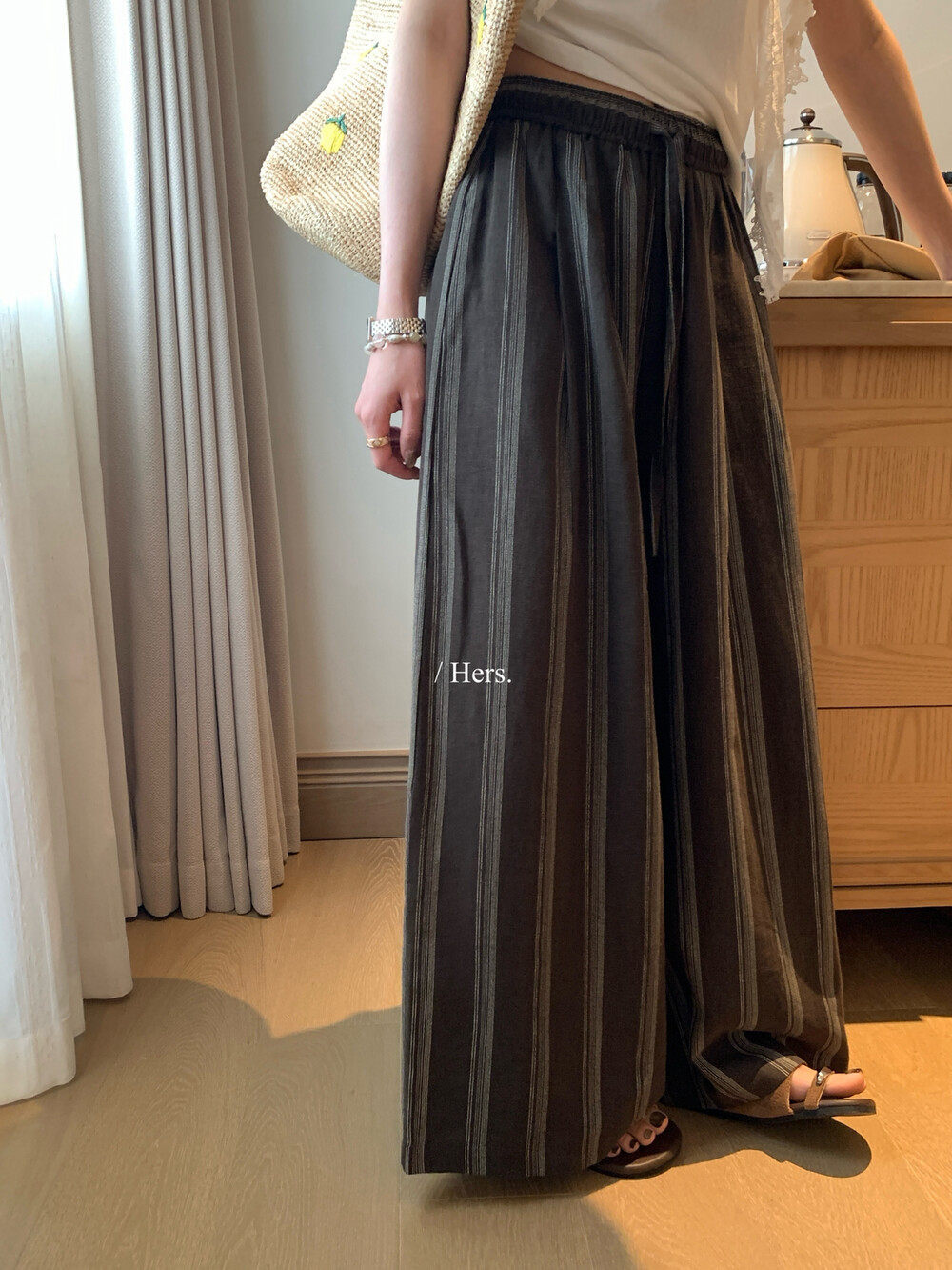 Quần culottes nữ ống rộng cạp cao chun rút dây sọc kẻ chất liệu ramie mùa hè — Màu cà phê, màu mơ chi tiết 24