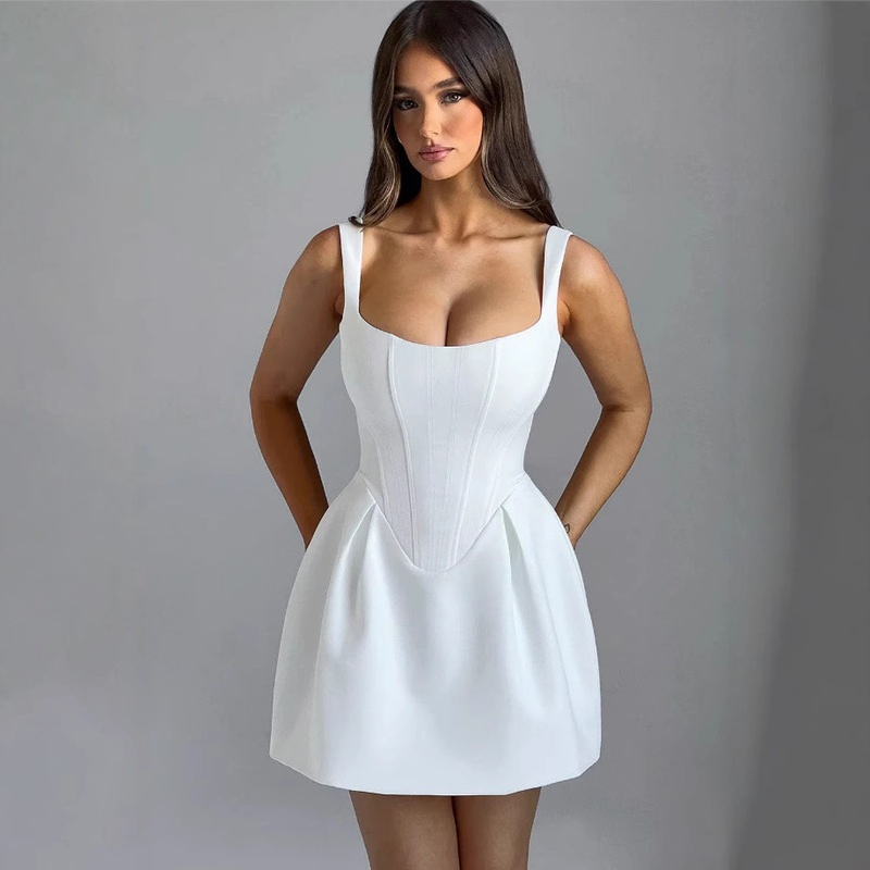 Fresh and Sweet Fish Bone Pattern Stitching Sling dress Women's 2025 Summer New Style Elegant Backless Skirt Fresh and Sweet Fish Bone Pattern Stitching Sling dress Women's 2025 Summer New Style Elegant Backless Skirt