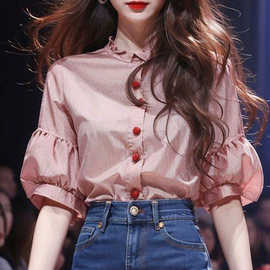 新中式女装2024年春款国风衬衣超好看今年流行漂亮小衫水红色衬衫